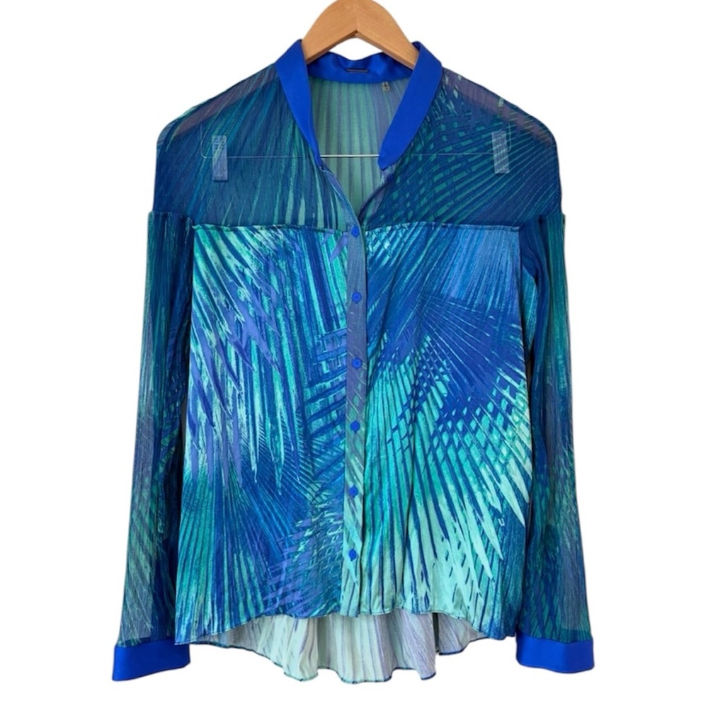 Elie Tahari Blue Green Palm Leaf Silk Sheer Button Down Blouse Womens Sz M